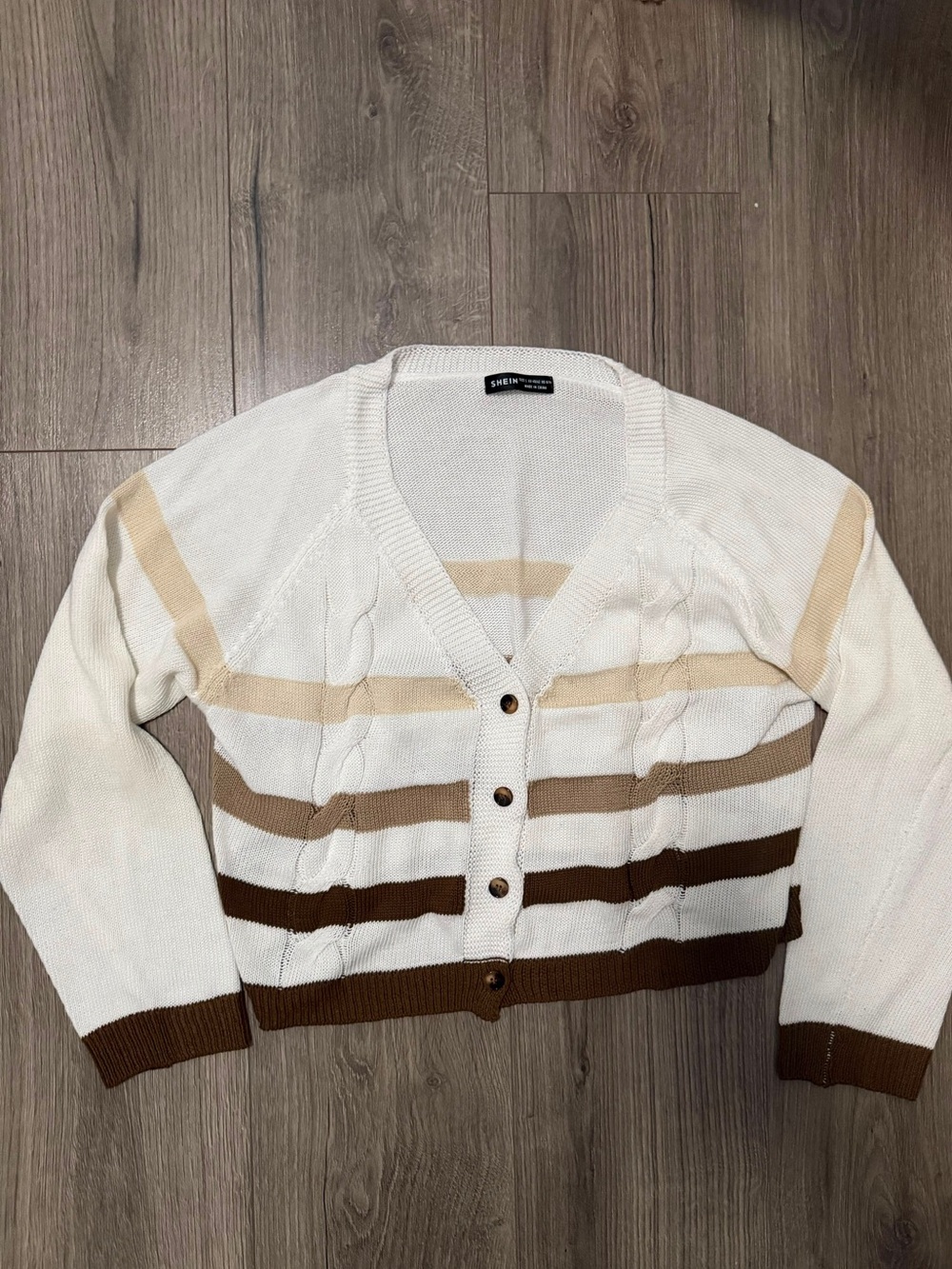 SHEIN White Cardigan with Beige and Brown Stripes